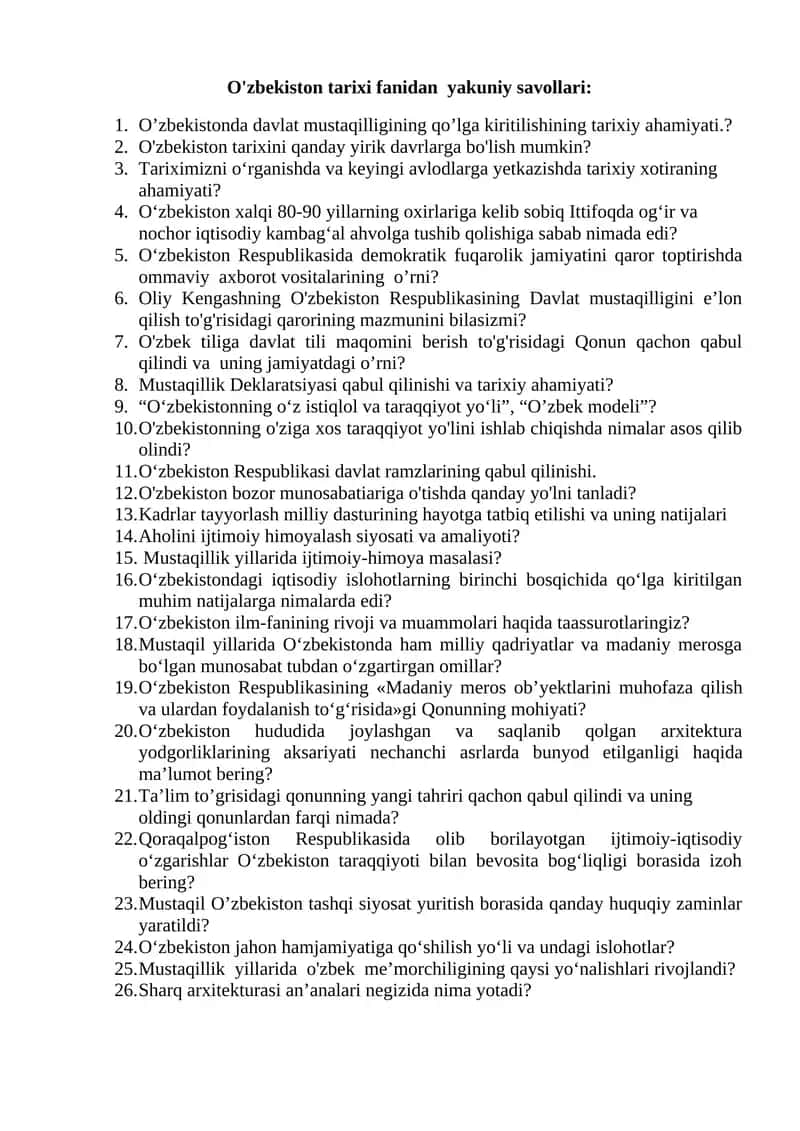 O'zbekiston tarixi fanidan yakuniy savollari