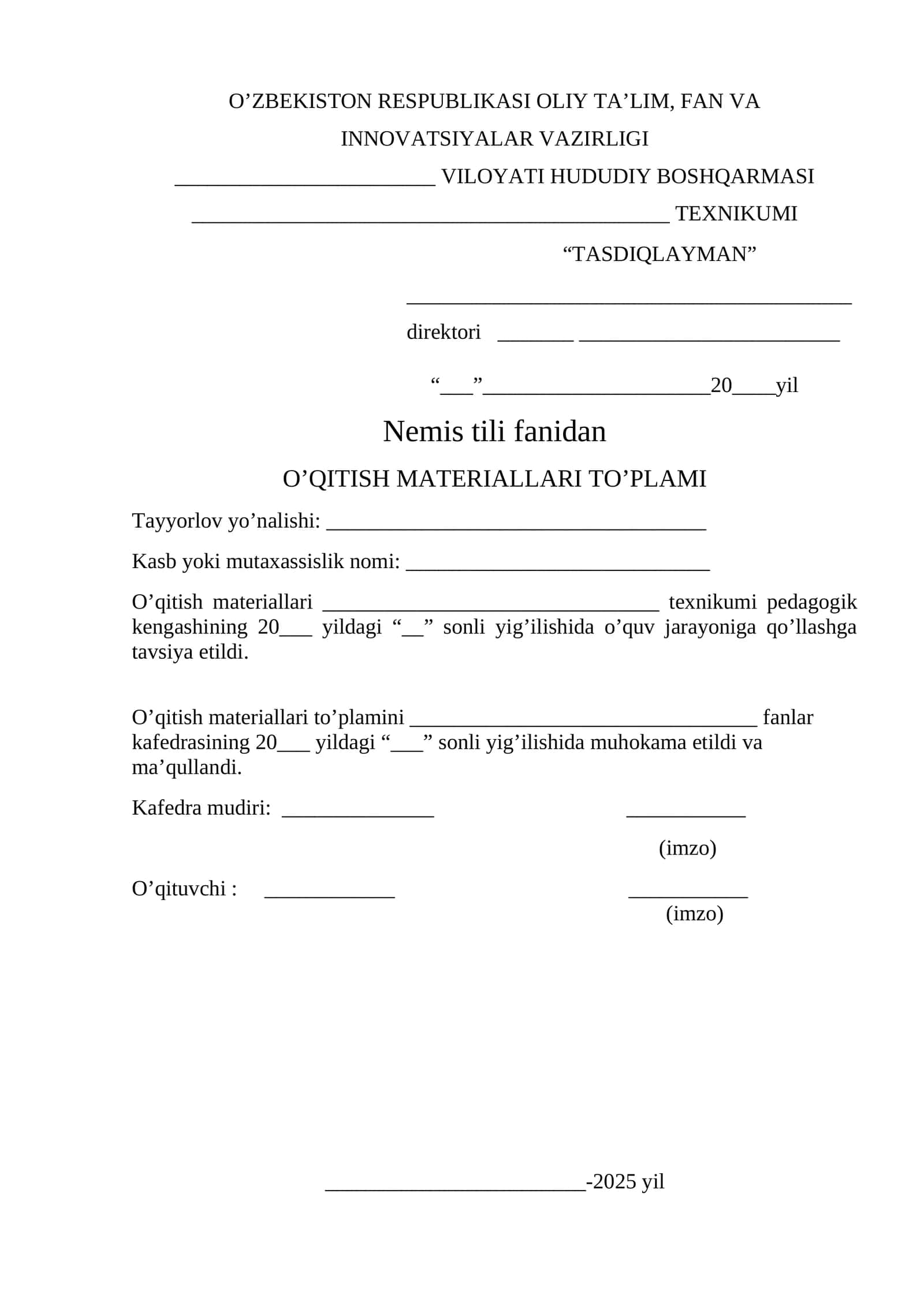 O’QITISH MATERIALLARI TO’PLAMI
