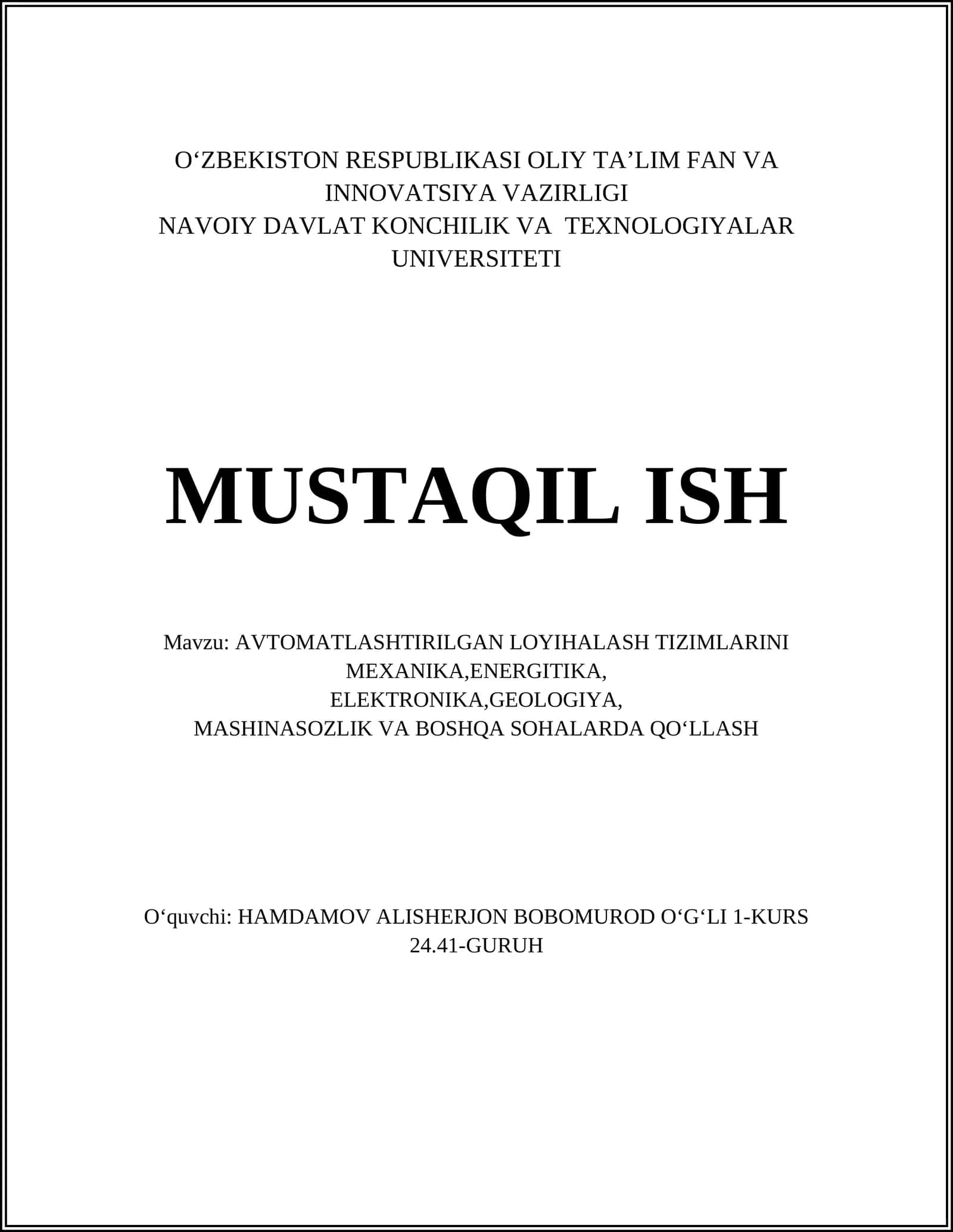Mexanikada avtomatlashtirilgan loyiha tizimlari