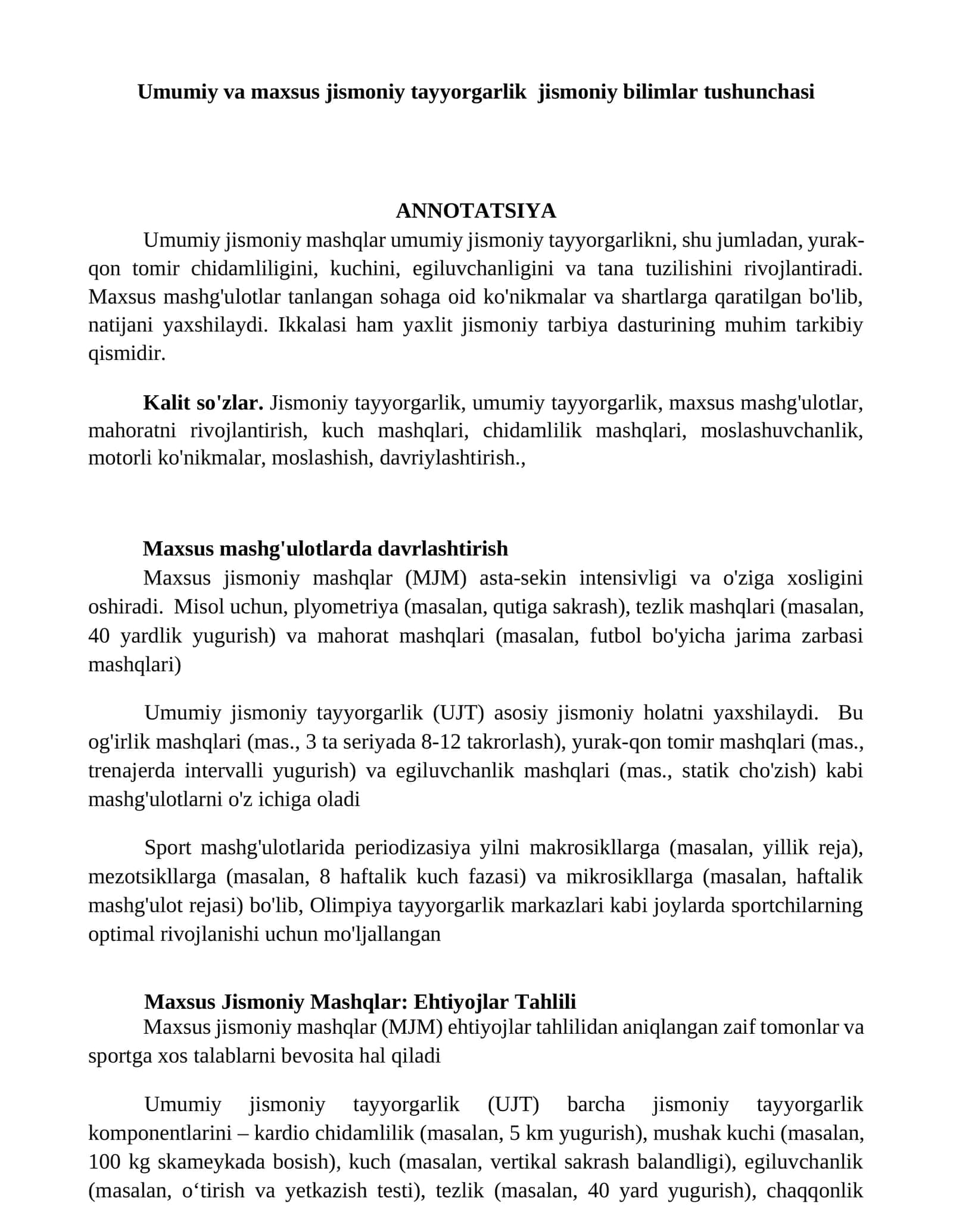 Umumiy va maxsus jismoniy tayyorgarlik jismoniy bilimlar tushunchasi