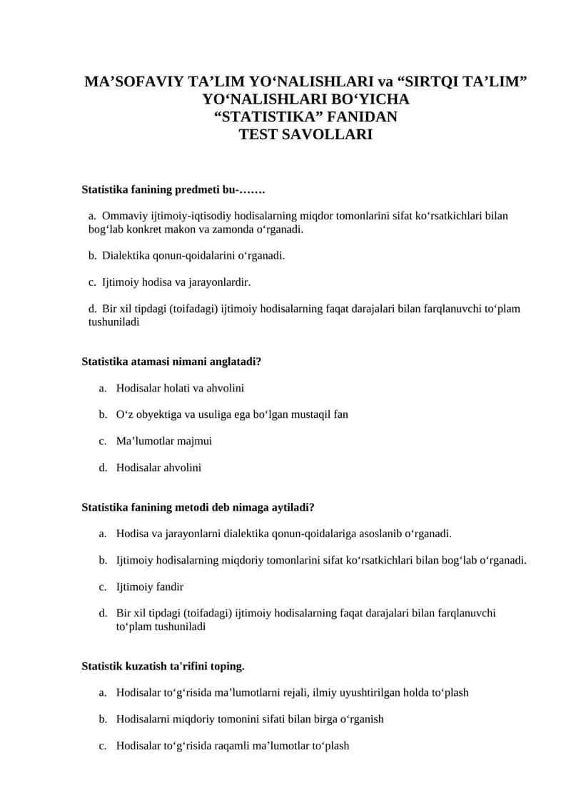 Statistika Test Savollari