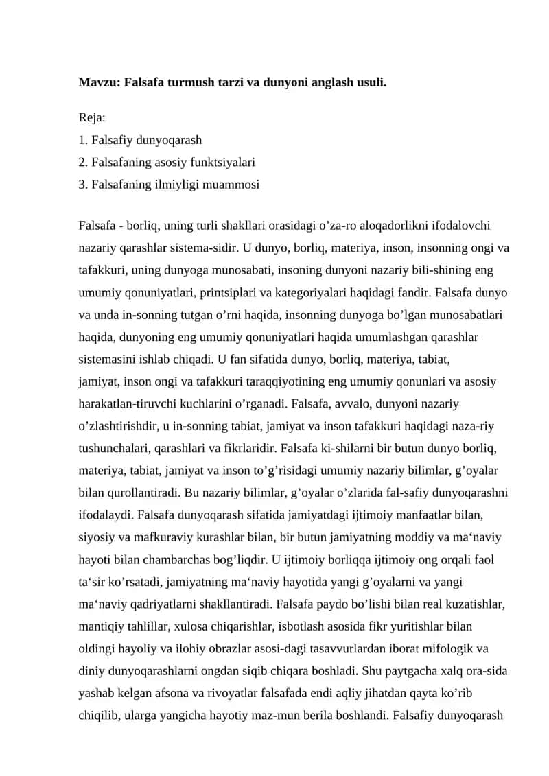 Falsafa turmush tarzi va dunyoni anglash usuli