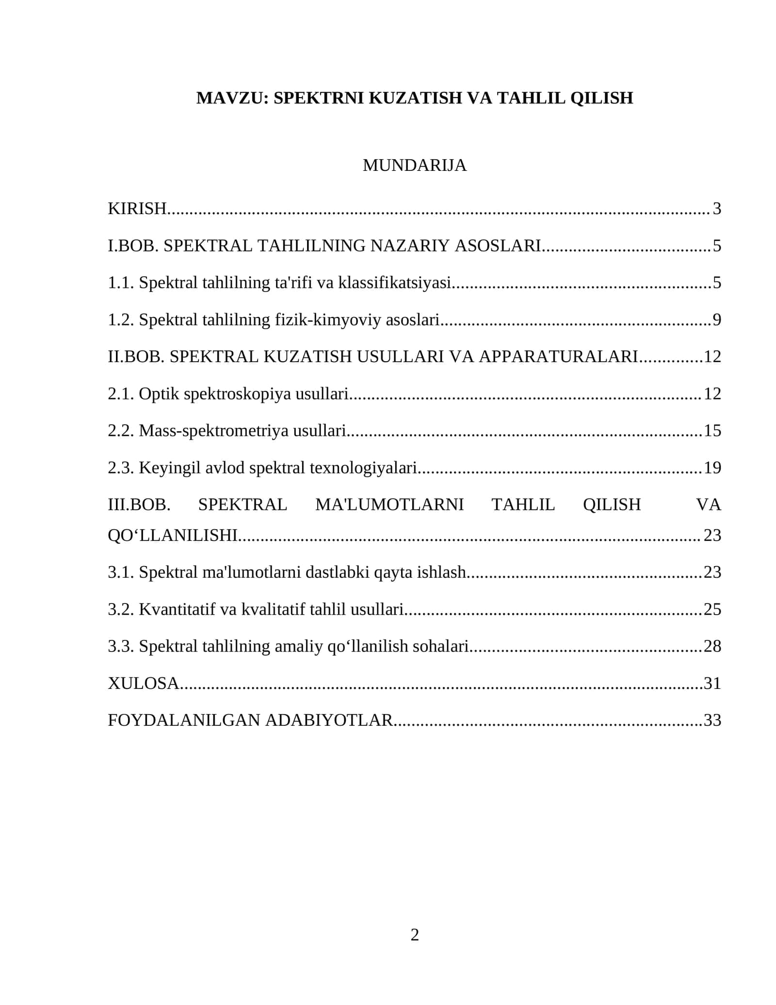 SPEKTRNI KUZATISH VA TAHLIL QILISH