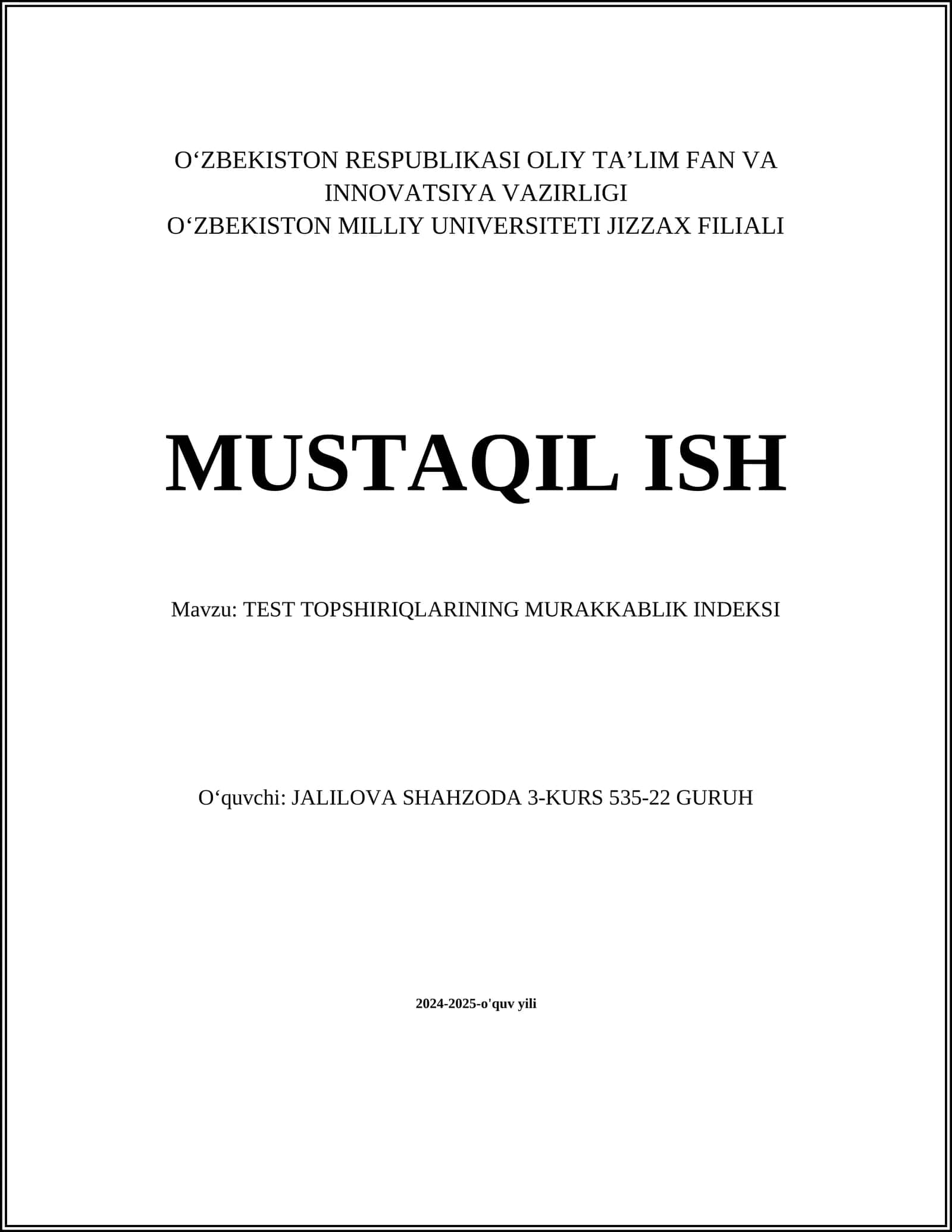 TEST TOPSHIRIQLARINING MURAKKABLIK INDEKSI