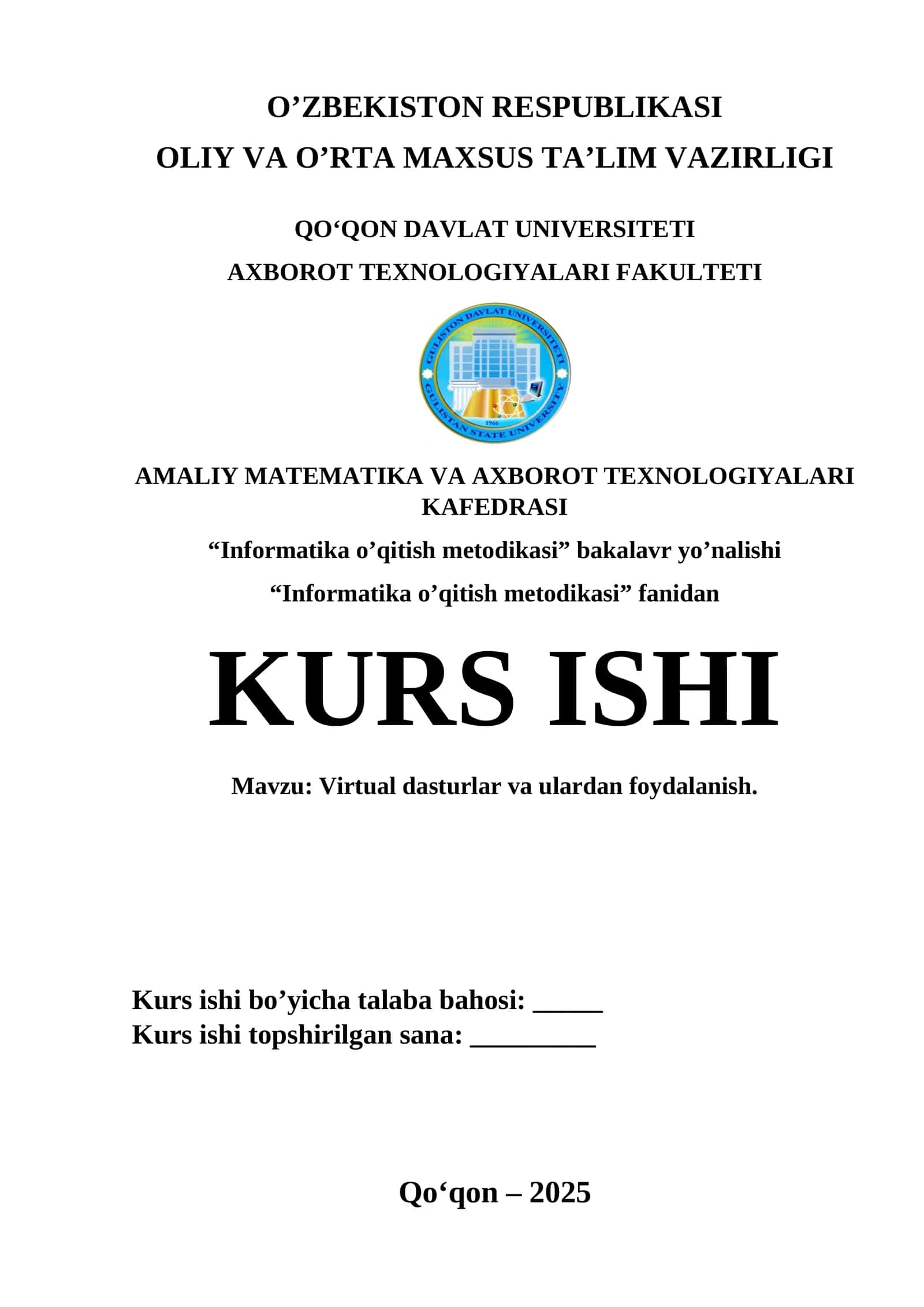 Virtual dasturlar va ulardan foydalanish. kurs ishi