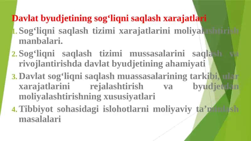 Davlat byudjetining sog‘liqni saqlash xarajatlari
