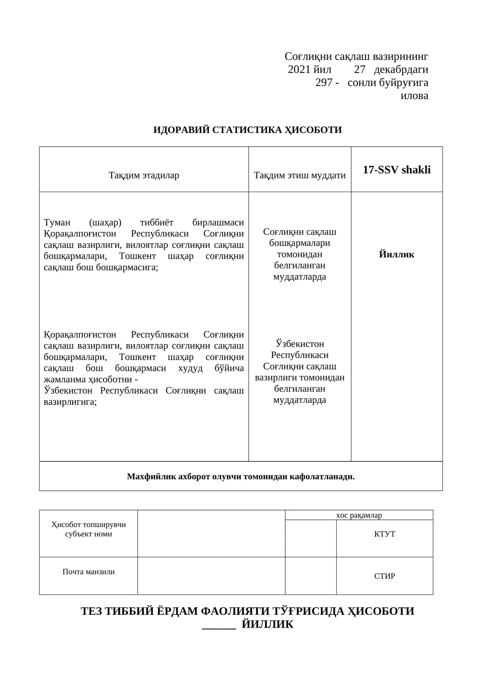 Tez tibbiy yordam faoliyati 17-SSV shakli