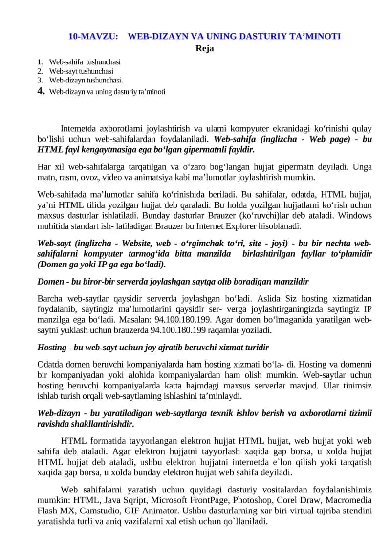 WEB-DIZAYN VA UNING DASTURIY TA’MINOTI