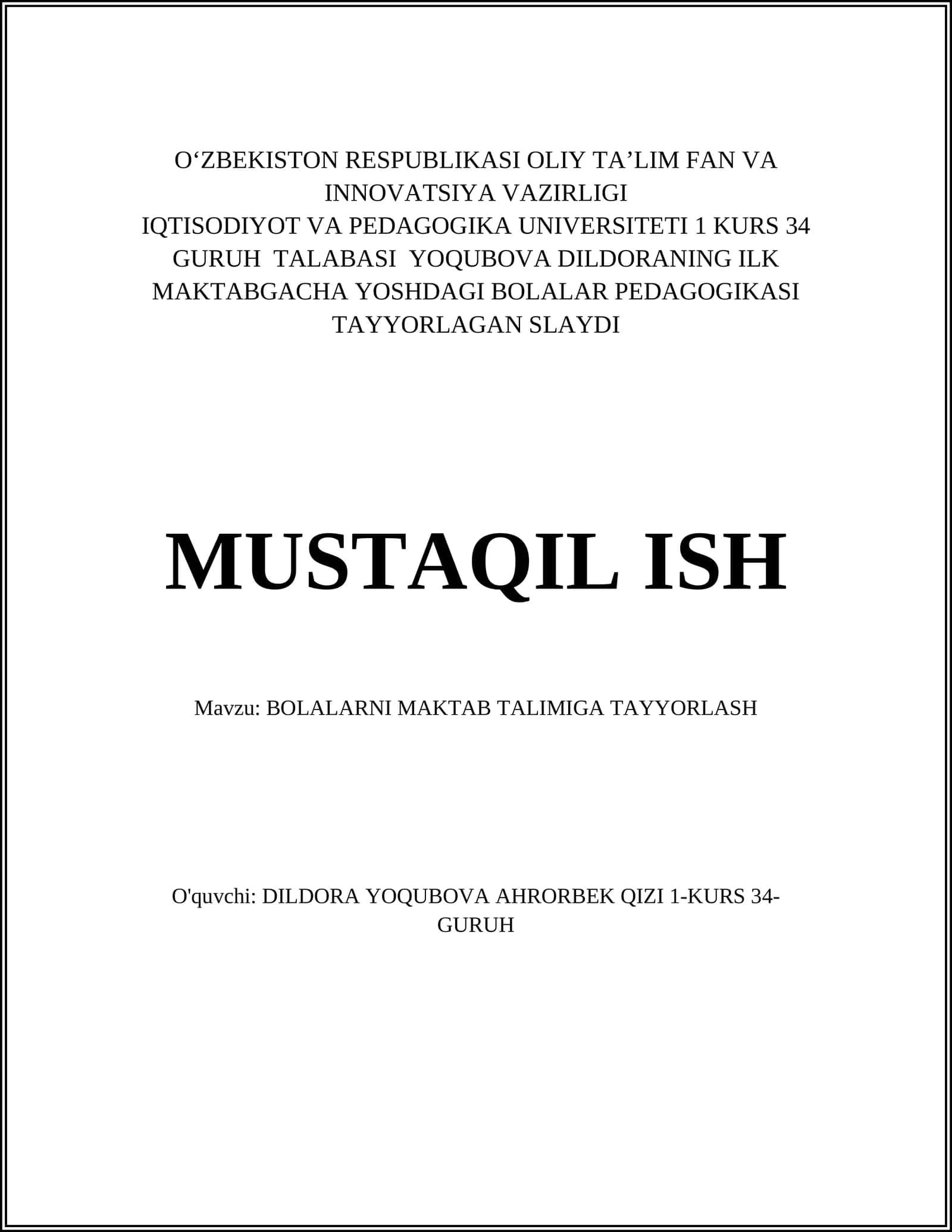 BOLALARNI MAKTAB TALIMIGA TAYYORLASH