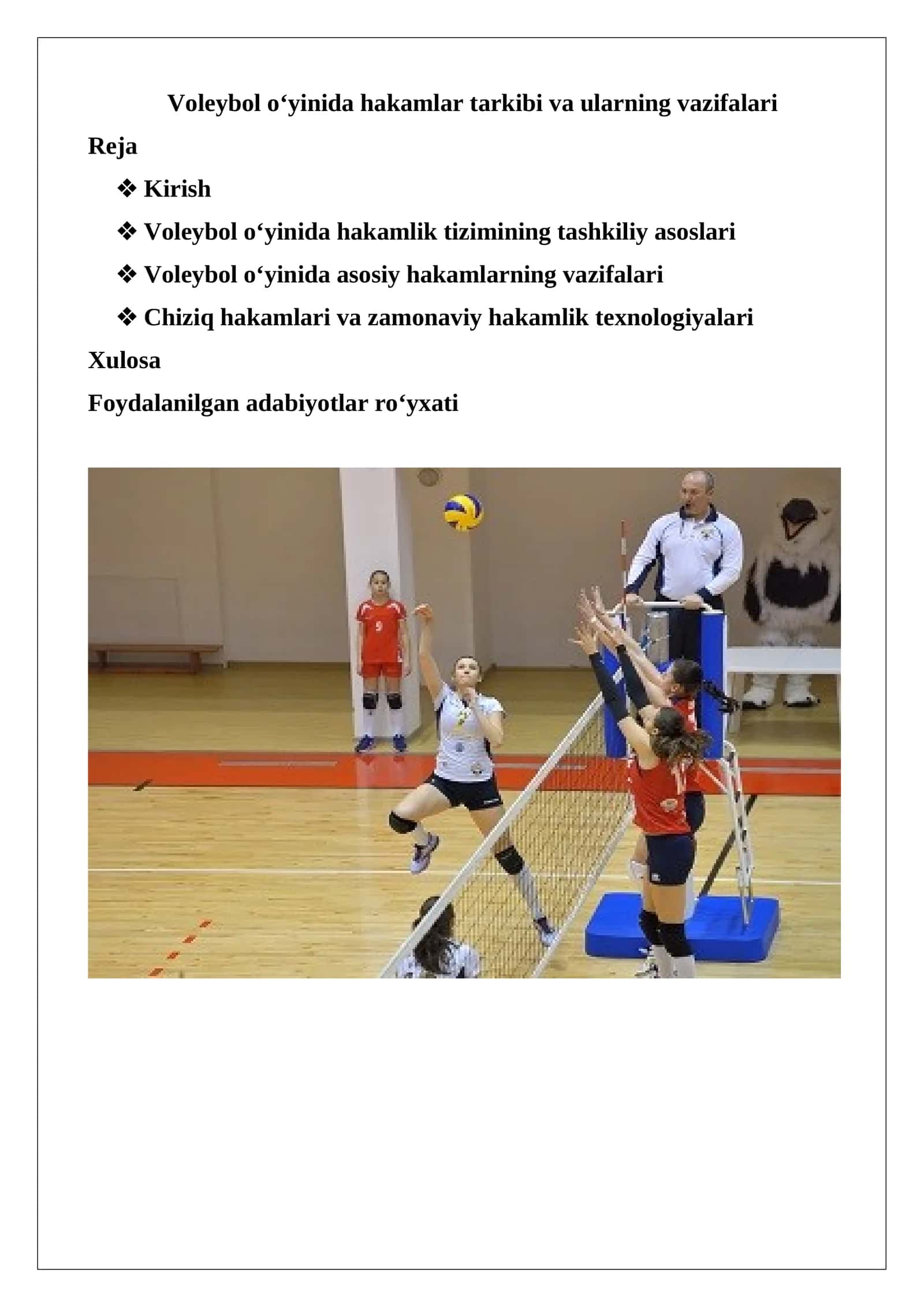 Voleybol o‘yinida hakamlar tarkibi va ularning vazifalari