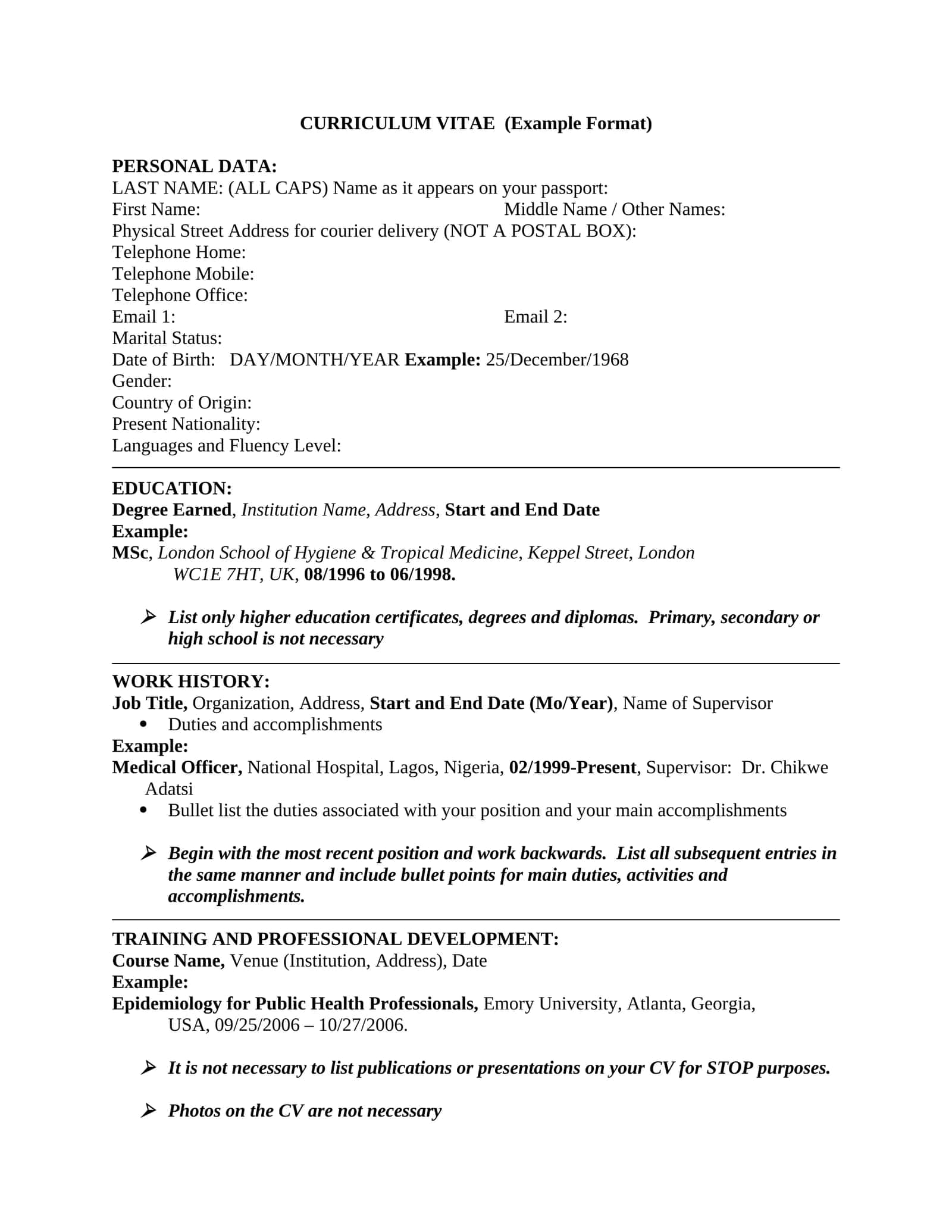 CURRICULUM VITAE (Example Format)