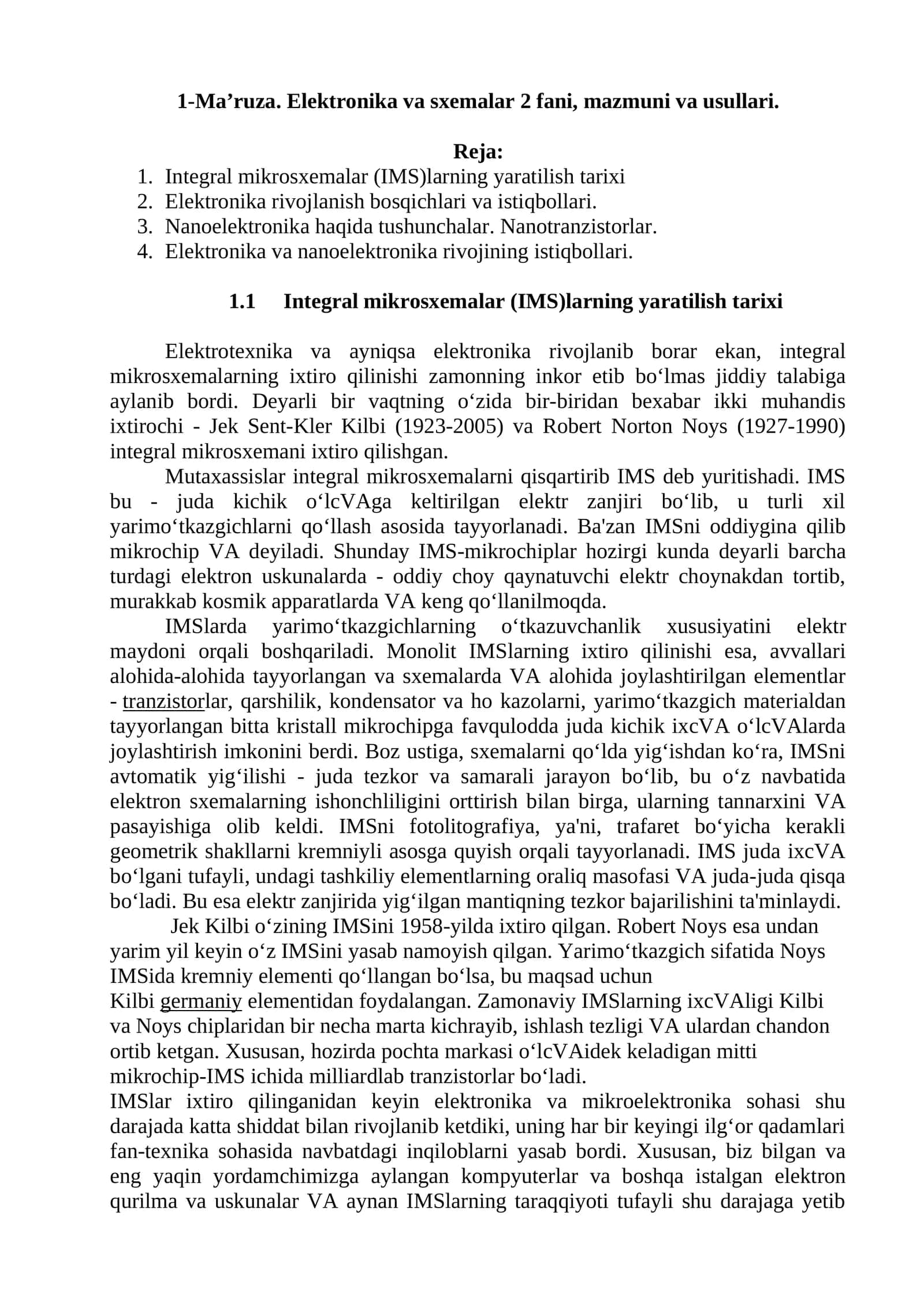 1-Ma’ruza. Elektronika va sxemalar 2 fani, mazmuni va usullari