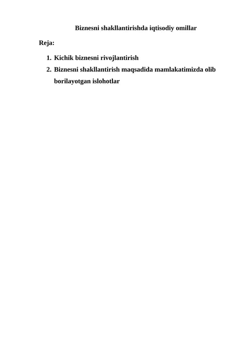 Biznesni shakllantirishda iqtisodiy omillar