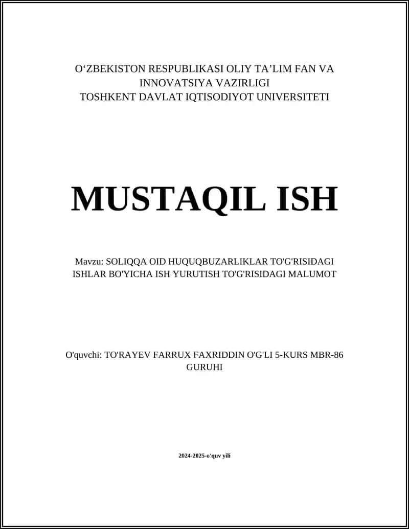 SOLIQQA OID HUQUQBUZARLIKLAR TO'G'RISIDAGI ISHLAR BO'YICHA ISH YURUTISH