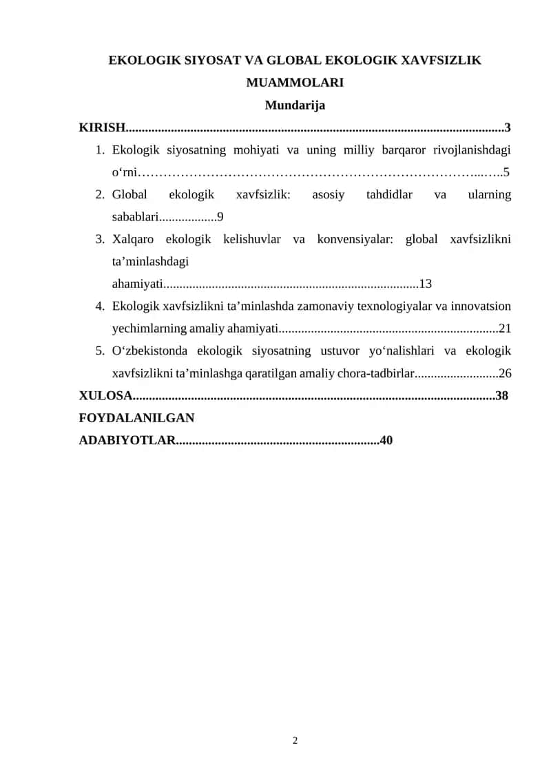 EKOLOGIK SIYOSAT VA GLOBAL EKOLOGIK XAVFSIZLIK MUAMMOLARI