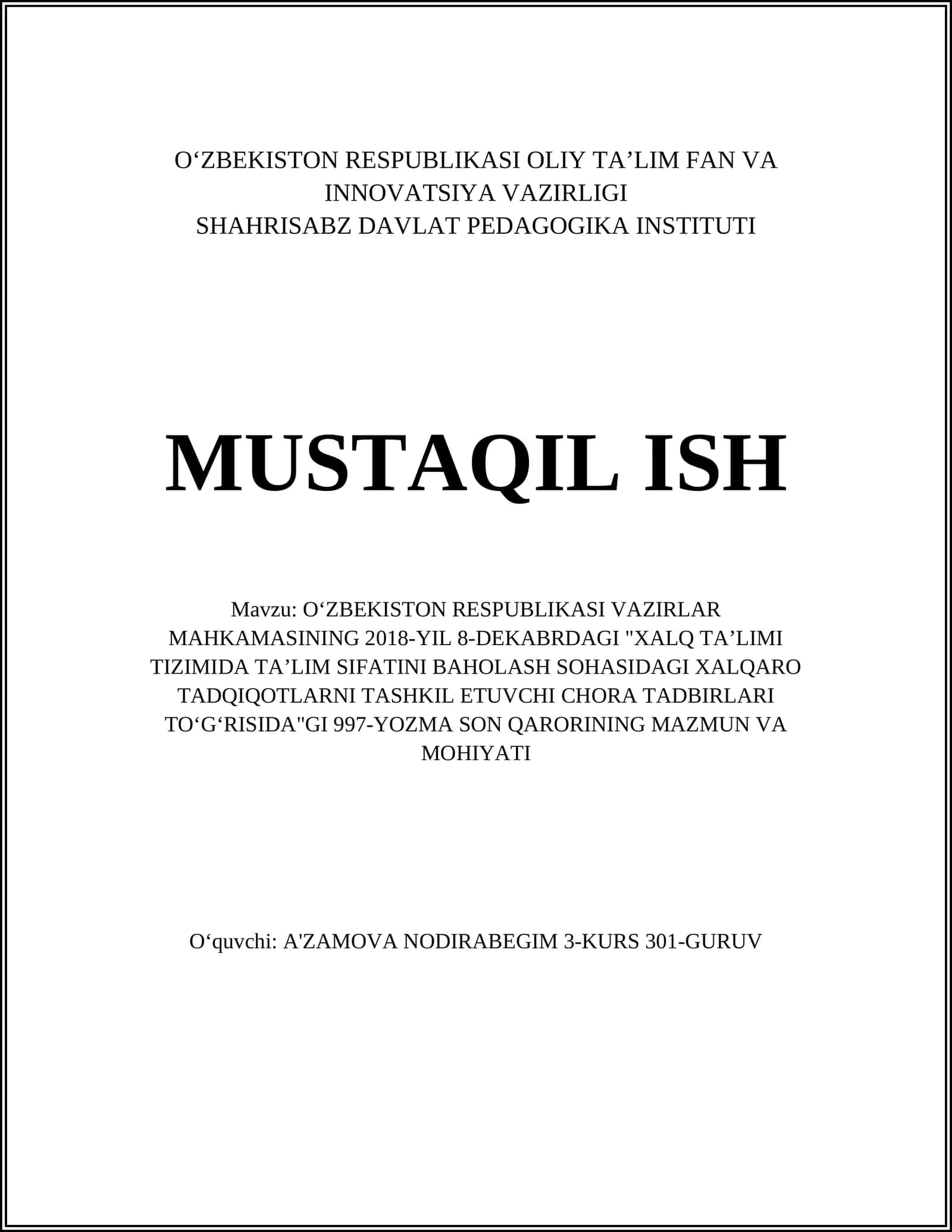 XALQ TAʼLIMI TIZIMIDA TAʼLIM SIFATINI BAHOLASH SOHASIDAGI XALQARO TADQIQOTLARNI TASHKIL ETUVCHI CHORA TADBIRLARI