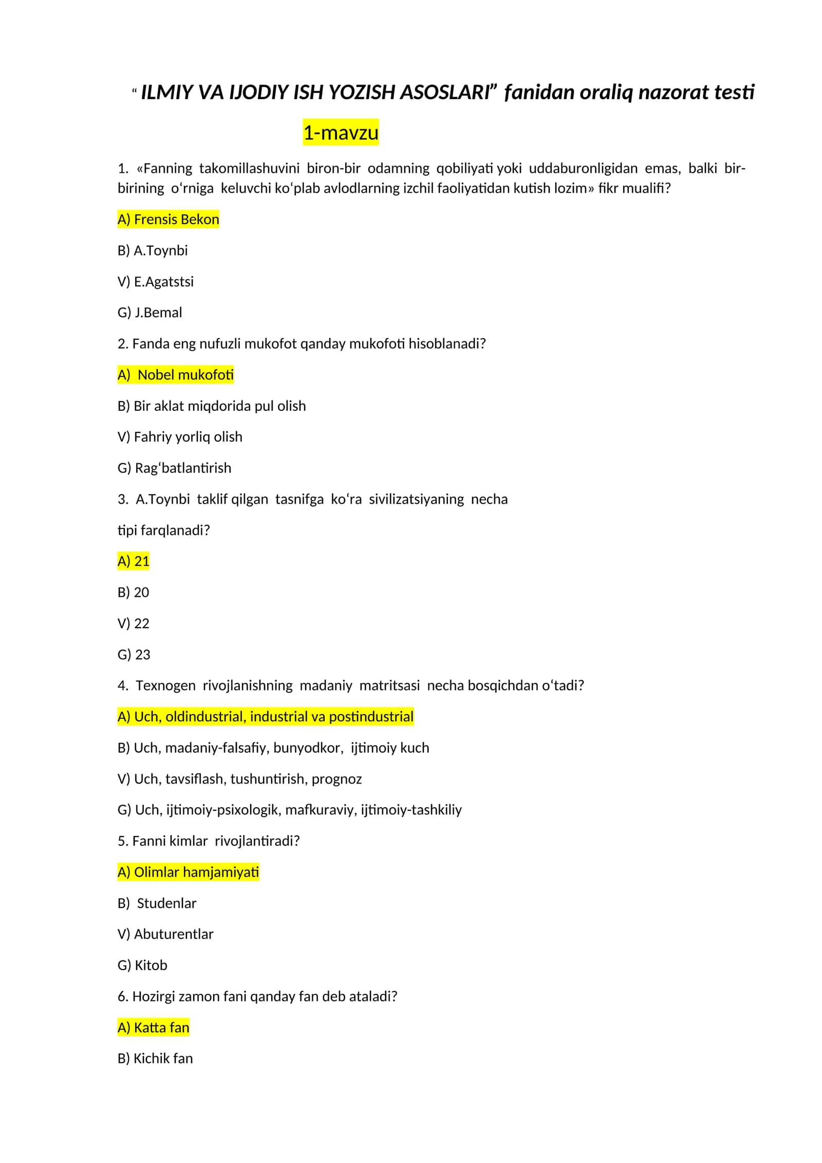 ILMIY VA IJODIY ISH YOZISH ASOSLARI fanidan oraliq nazorat testi