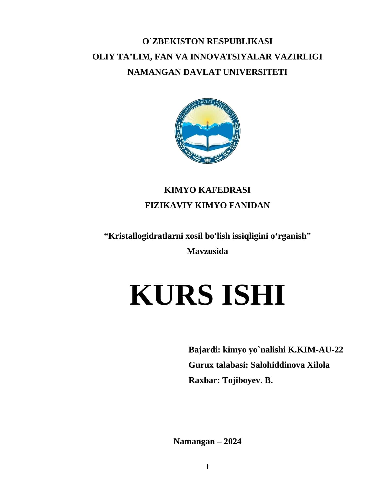 Kristallogidratlarni xosil bo'lish issiqligini oʻrganish