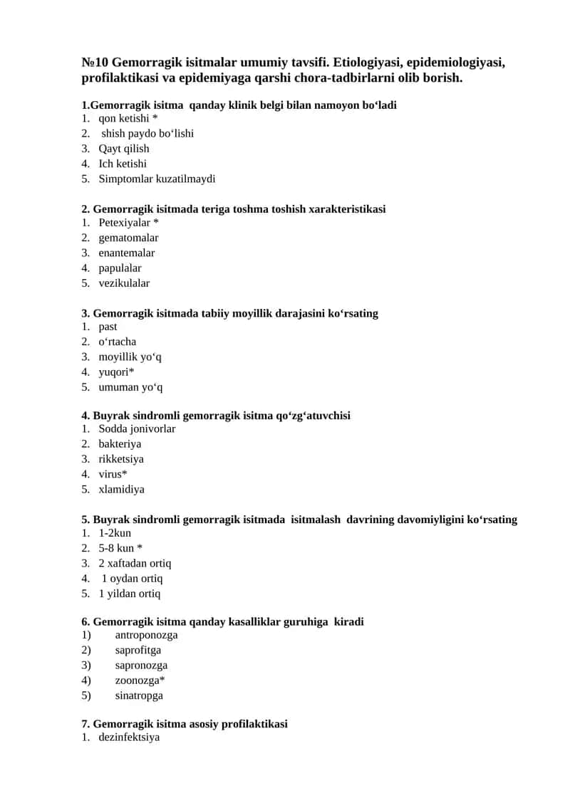 Gemorragik isitmalar umumiy tavsifi. Etiologiyasi, epidemiologiyasi, profilaktikasi va epidemiyaga qarshi chora-tadbirlarni olib borish