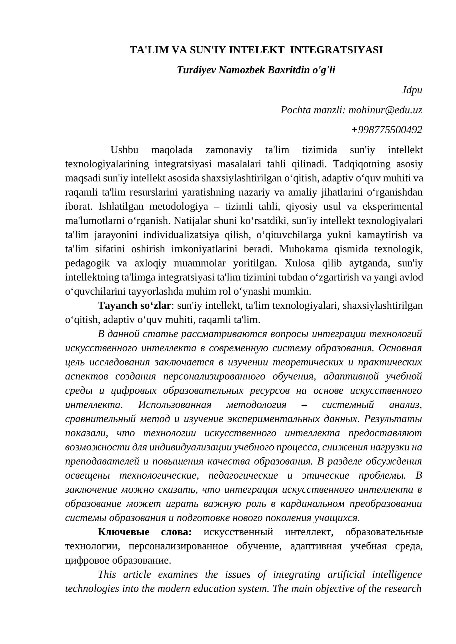 TA'LIM VA SUN'IY INTELEKT INTEGRATSIYASI