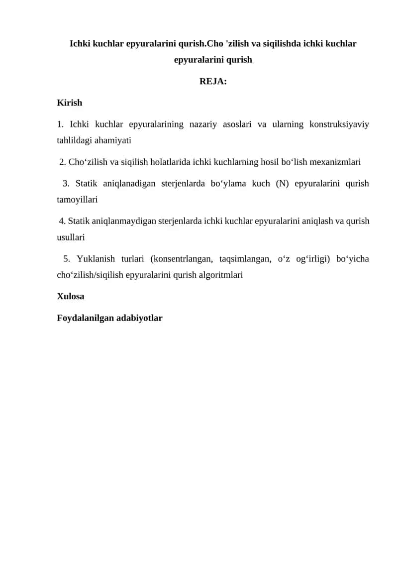 Ichki kuchlar epyuralarini qurish