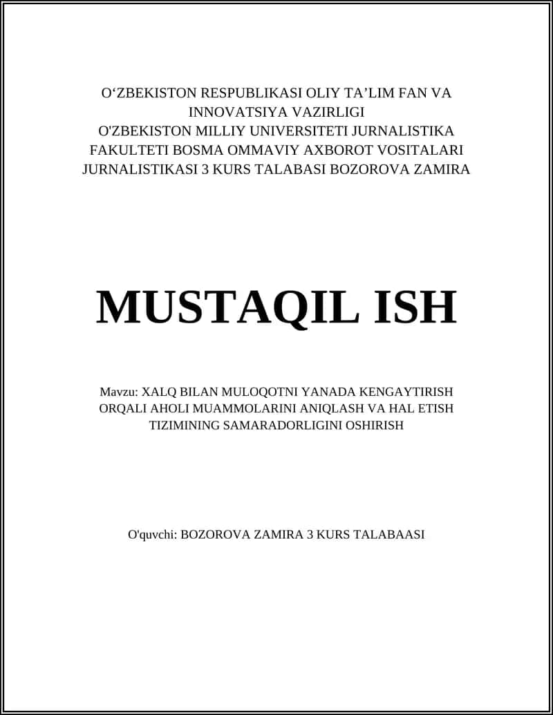 XALQ BILAN MULOQOTNI YANADA KENGAYTIRISH ORQALI AHOLI MUAMMOLARINI ANIQLASH VA HAL ETISH TIZIMINING SAMARADORLIGINI OSHIRISH
