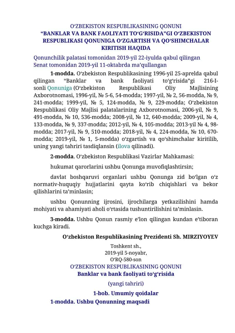 O‘zbekiston Respublikasining Qonuni “Banklar va bank faoliyati to‘g‘risida”gi O‘zbekiston Respublikasi Qonuniga O‘zgartish va Qo‘shimchalar Kiritish Haqida
