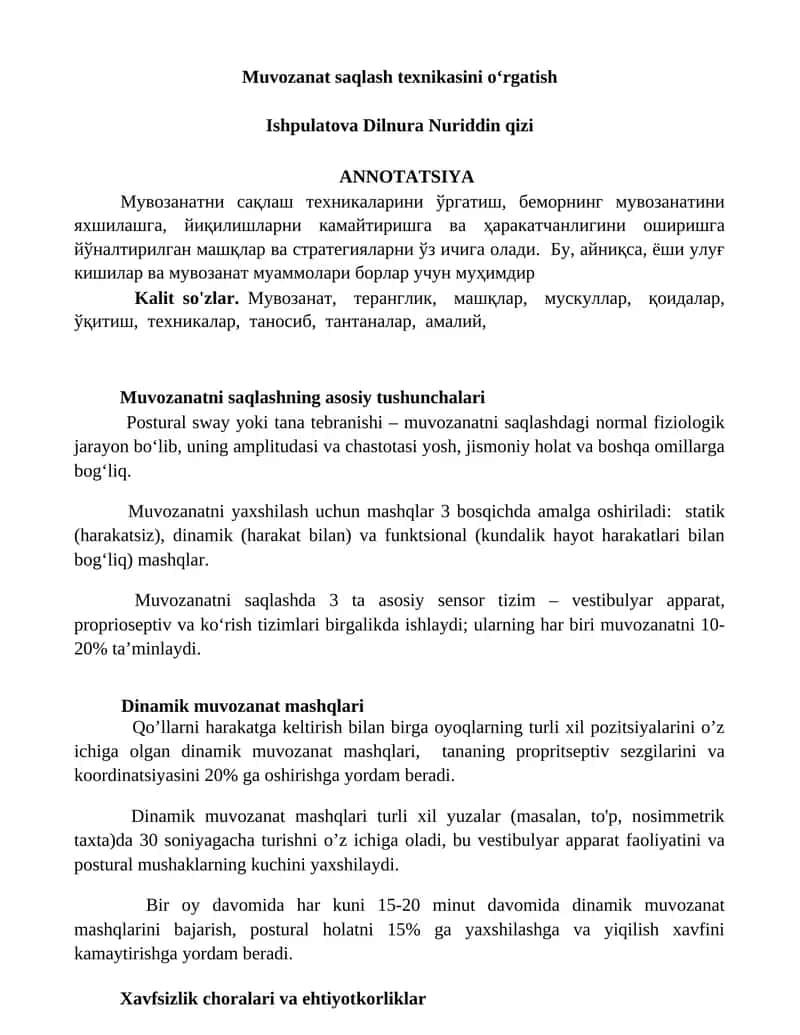 Muvozanat saqlash texnikasini oʻrgatish