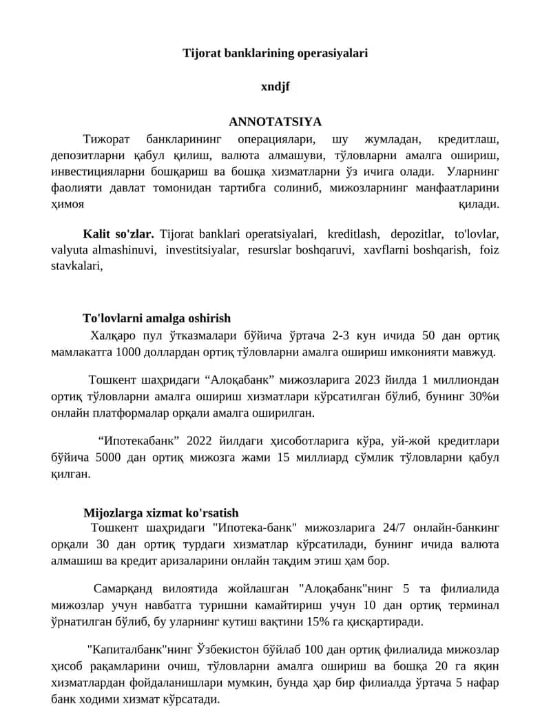Tijorat banklarining operasiyalari