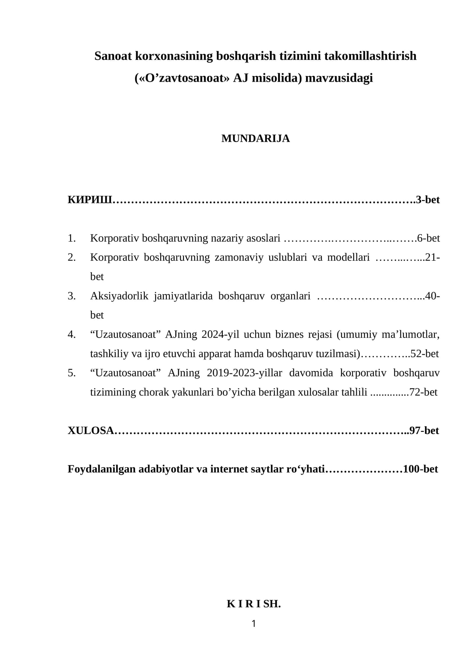 Sanoat korxonasining boshqarish tizimini takomillashtirish («O’zavtosanoat» AJ misolida)