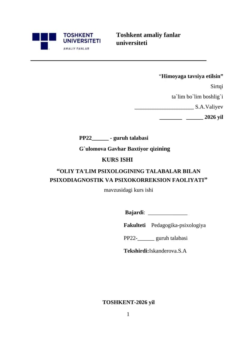 OLIY TA'LIM PSIXOLOGINING TALABALAR BILAN