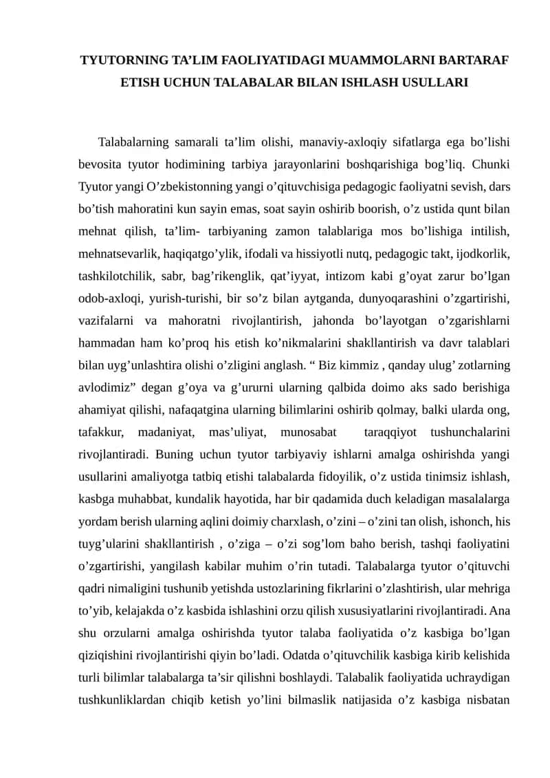 Tyutorni Talim Faoliyatidagi Muammolarni Bartaraf Etish Uchun Talabalar Bilan Ishlash Usullari