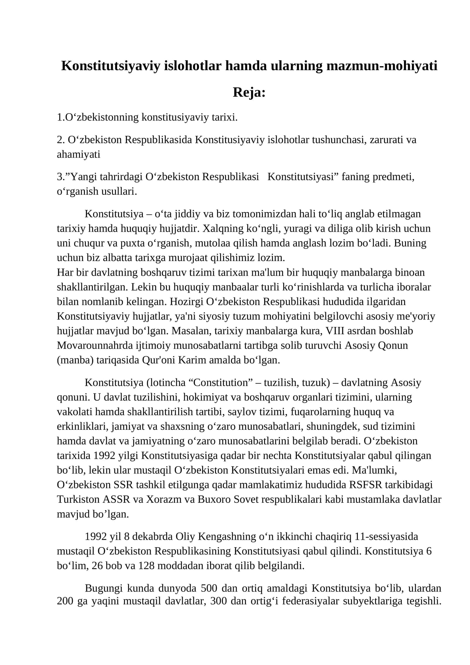 Konstitutsiyaviy islohotlar hamda ularning mazmun-mohiyati