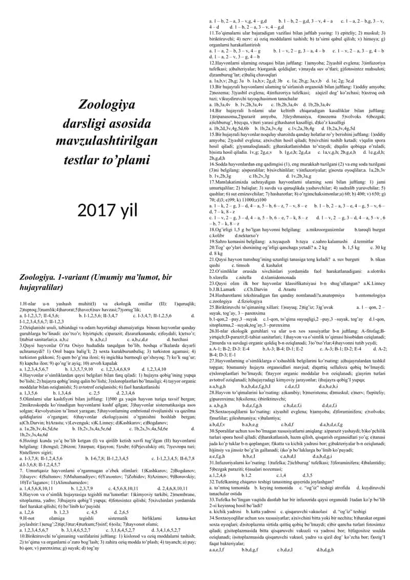 Zoologiya darsligi asosida mavzulashtirilgan testlar to’plami
