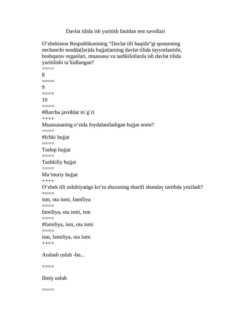 Davlat tilida ish yuritish fanidan test savollari