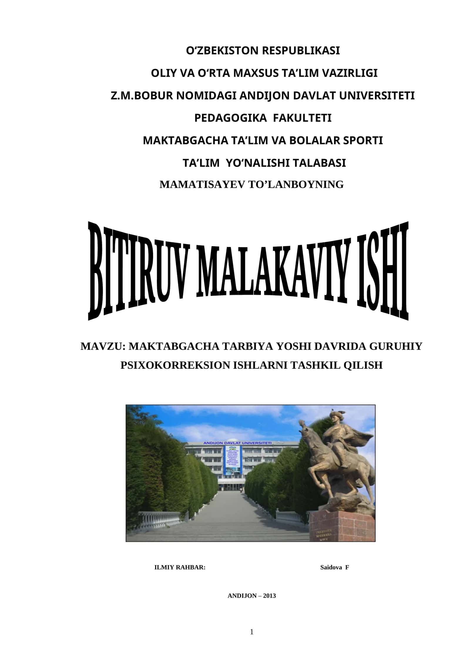 MAKTABGACHA TARBIYA YOSHI DAVRIDA GURUHIY PSIXOKORREKSION ISHLARNI TASHKIL QILISH