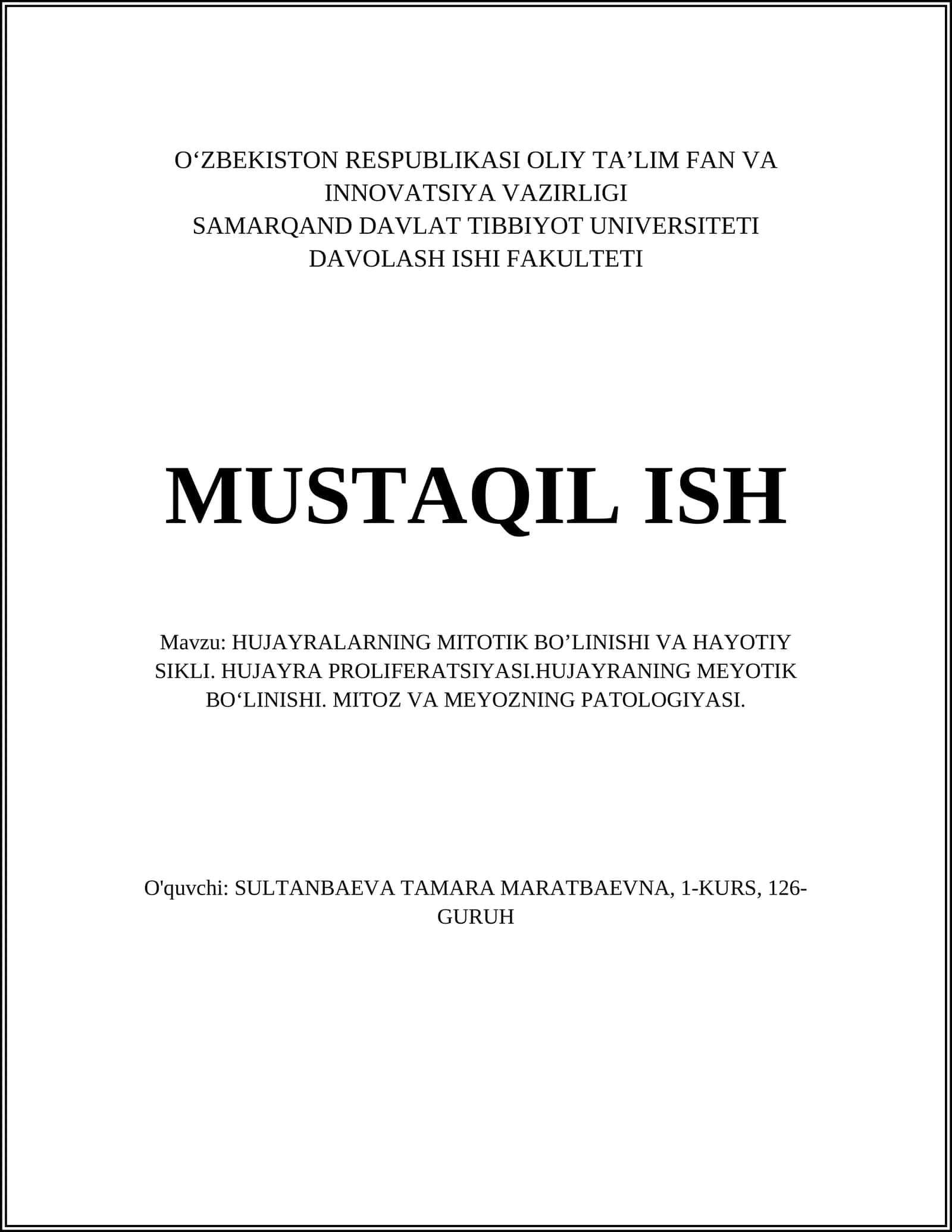 HUJAYRALARNING MITOTIK BO’LINISHI VA HAYOTIY SIKLI. HUJAYRA PROLIFERATSIYASI.HUJAYRANING MEYOTIK BO‘LINISHI. MITOZ VA MEYOZNING PATOLOGIYASI