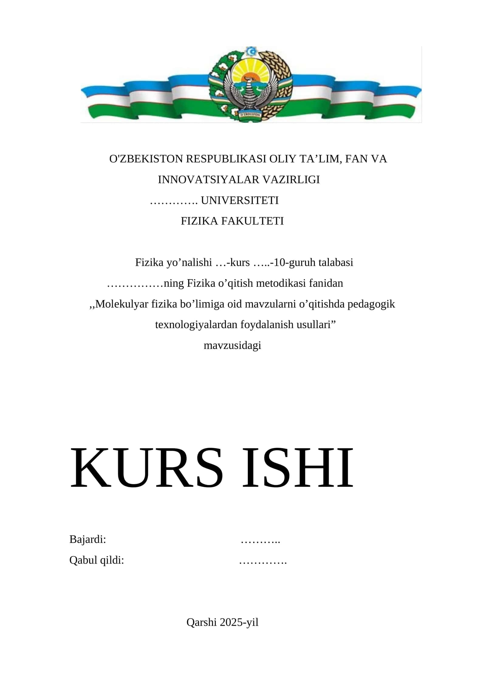 Molekulyar fizika bo’limiga oid mavzularni o’qitishda pedagogik texnologiyalardan foydalanish usullari mavzusida tayyor kurs ishi.