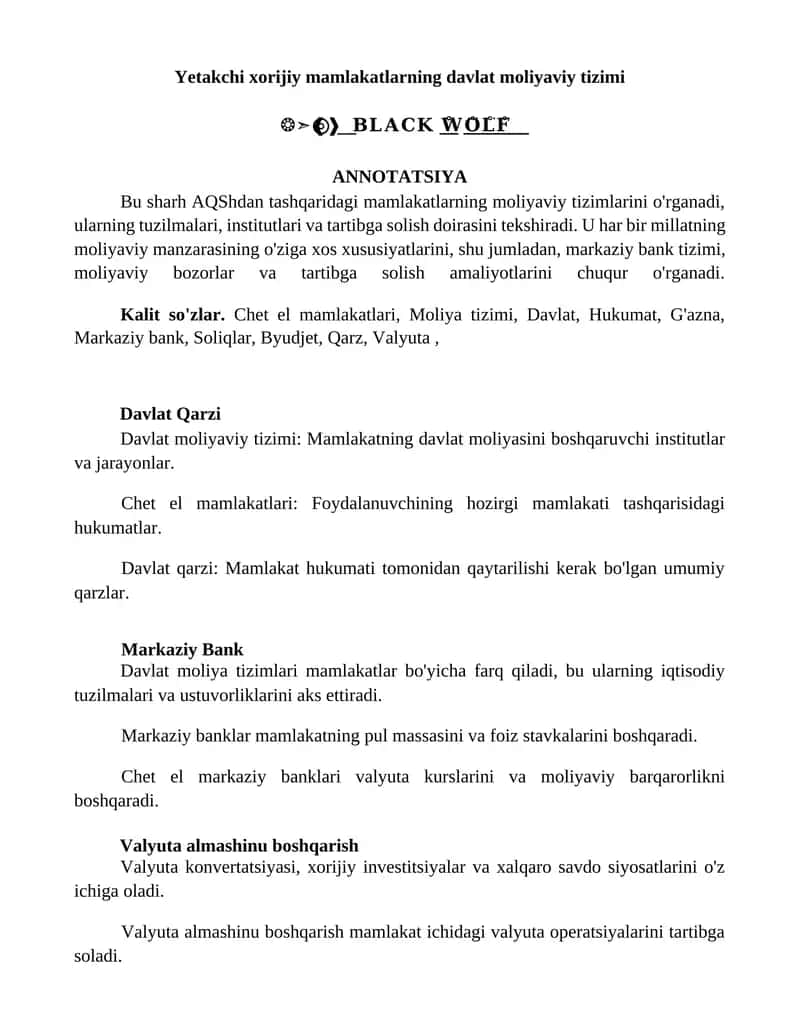 Yetakchi xorijiy mamlakatlarning davlat moliyaviy tizimi