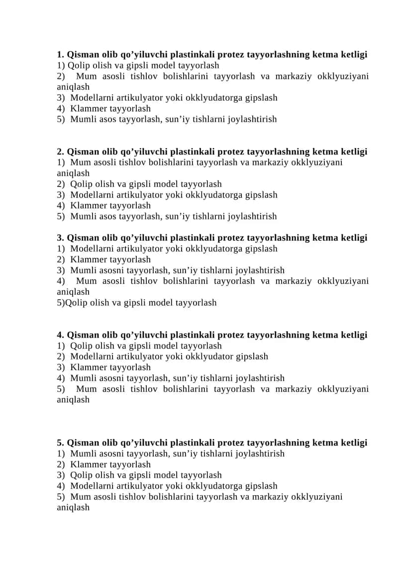 Qisman olib qo’yiluvchi plastinkali protez tayyorlashning ketma ketligi