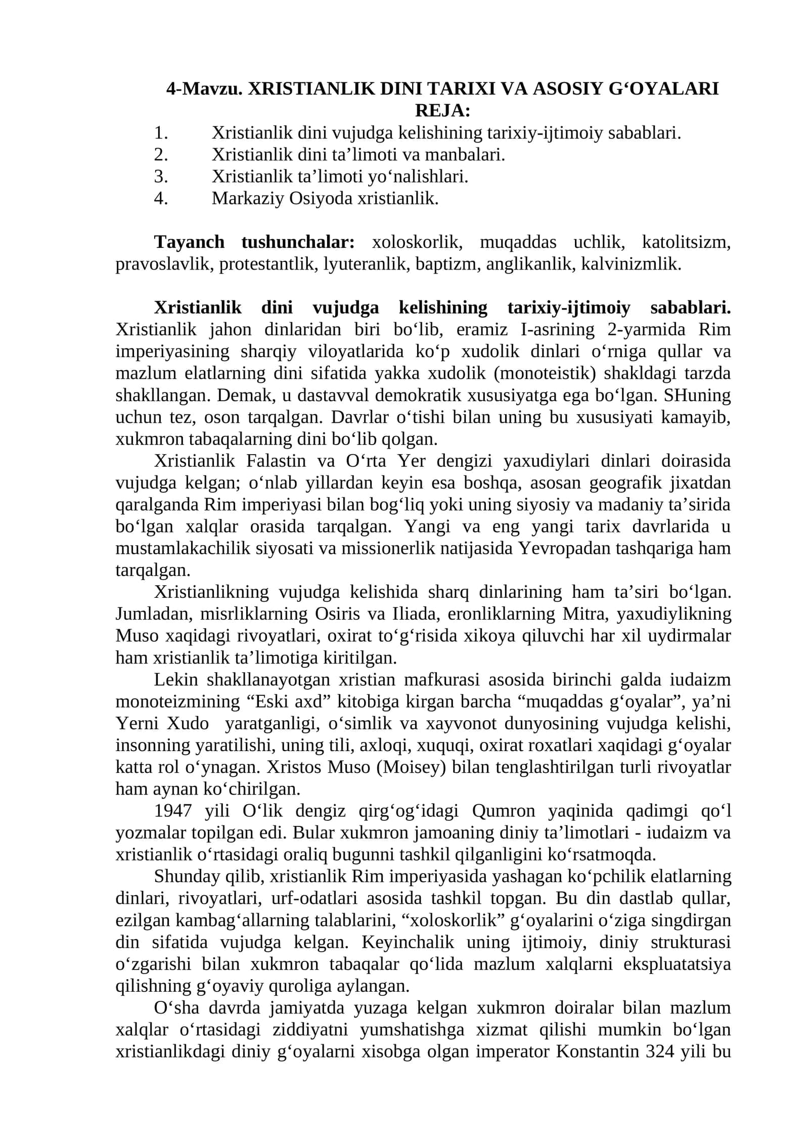 XRISTIANLIK DINI TARIXI VA ASOSIY G‘OYALARI
