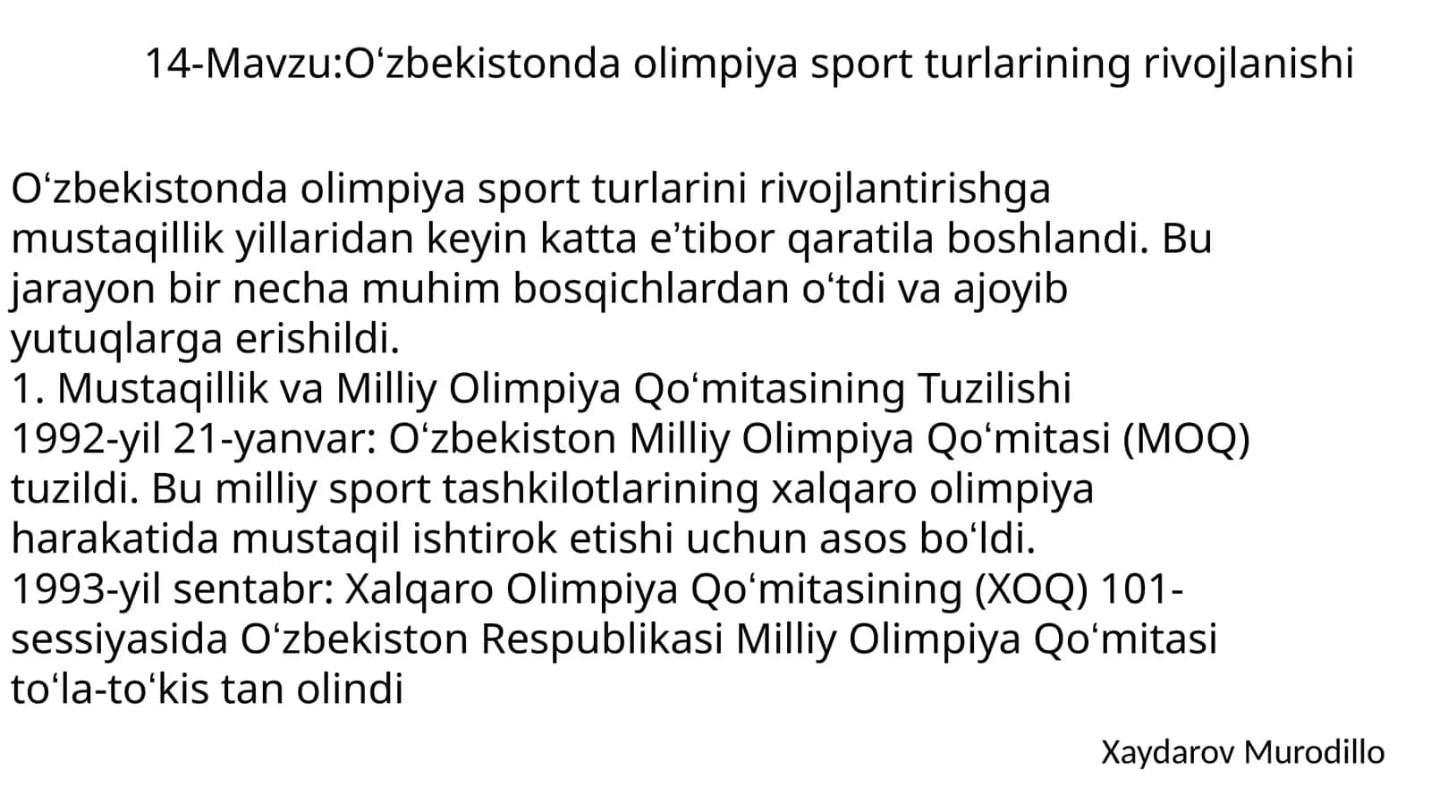 Oʻzbekistonda olimpiya sport turlarining rivojlanishi