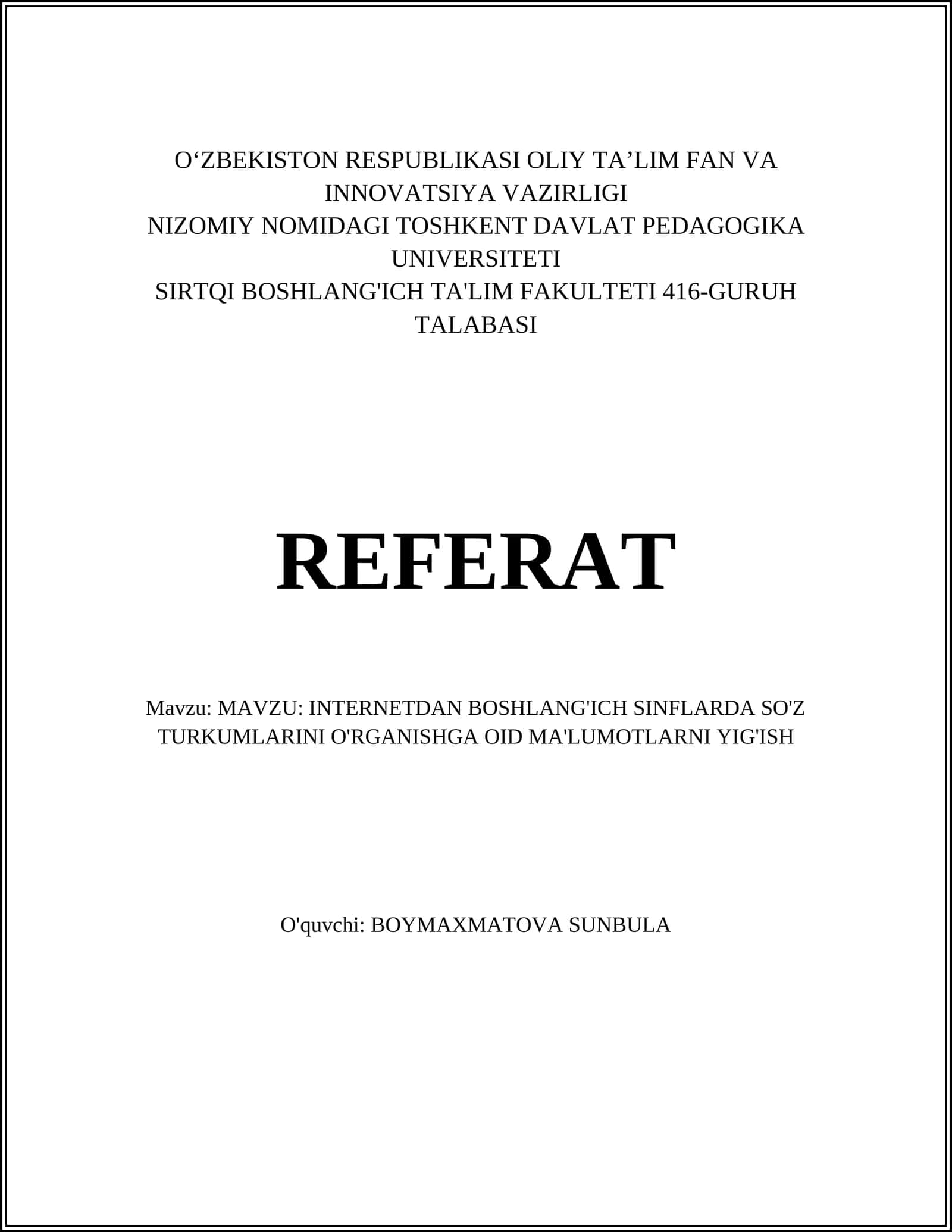 INTERNETDAN BOSHLANG'ICH SINFLARDA SO'Z TURKUMLARINI O'RGANISHGA OID MA'LUMOTLAR
