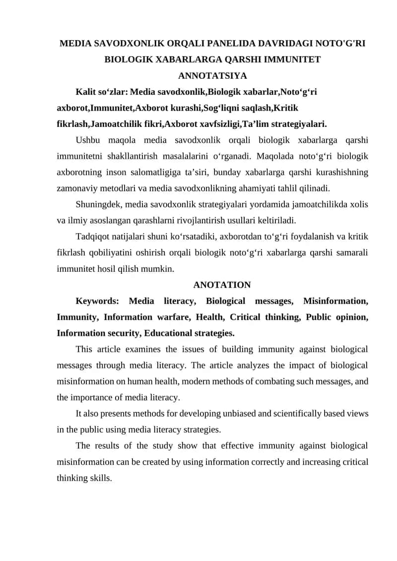 MEDIA SAVODXONLIK ORQALI PANELIDA DAVRIDAGI NOTO'G'RI BIOLOGIK XABARLARGA QARSHI IMMUNITET