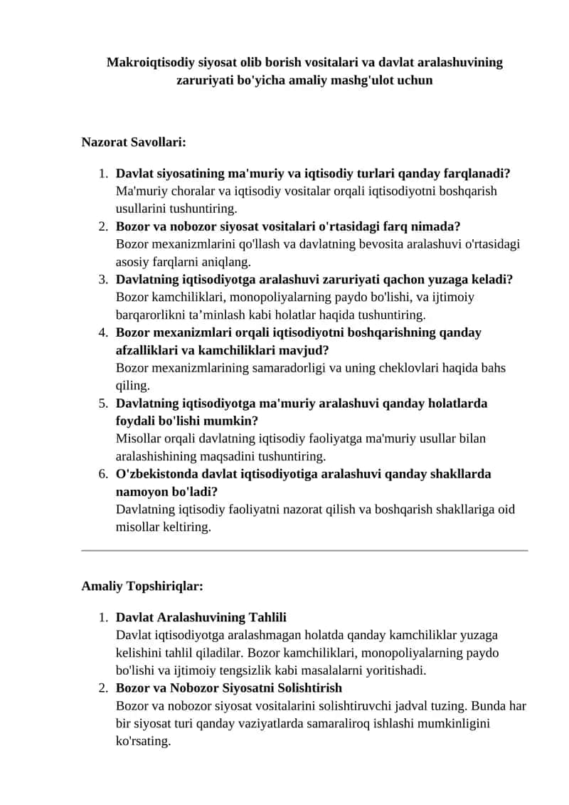 Makroiqtisodiy siyosat olib borish vositalari va davlat aralashuvining zaruriyati bo'yicha amaliy mashg'ulot