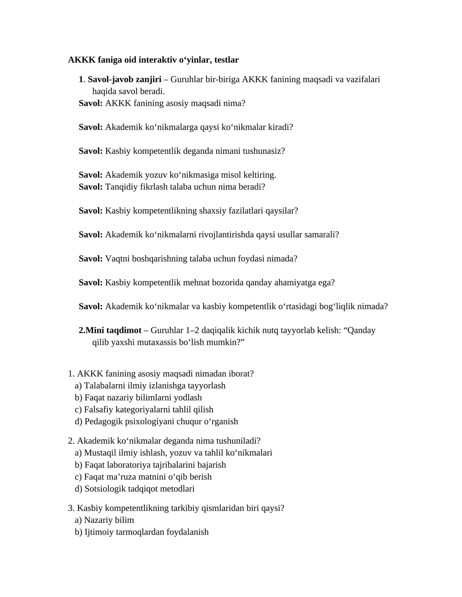 AKKK faniga oid interaktiv o‘yinlar, testlar