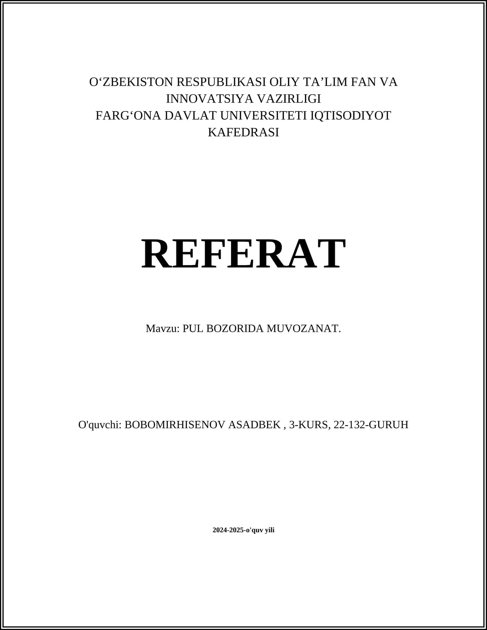 PUL BOZORIDA MUVOZANAT