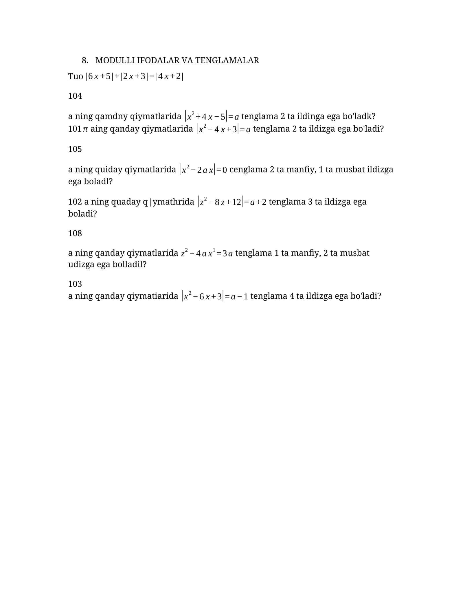 MODULLI IFODALAR VA TENGLAMALAR