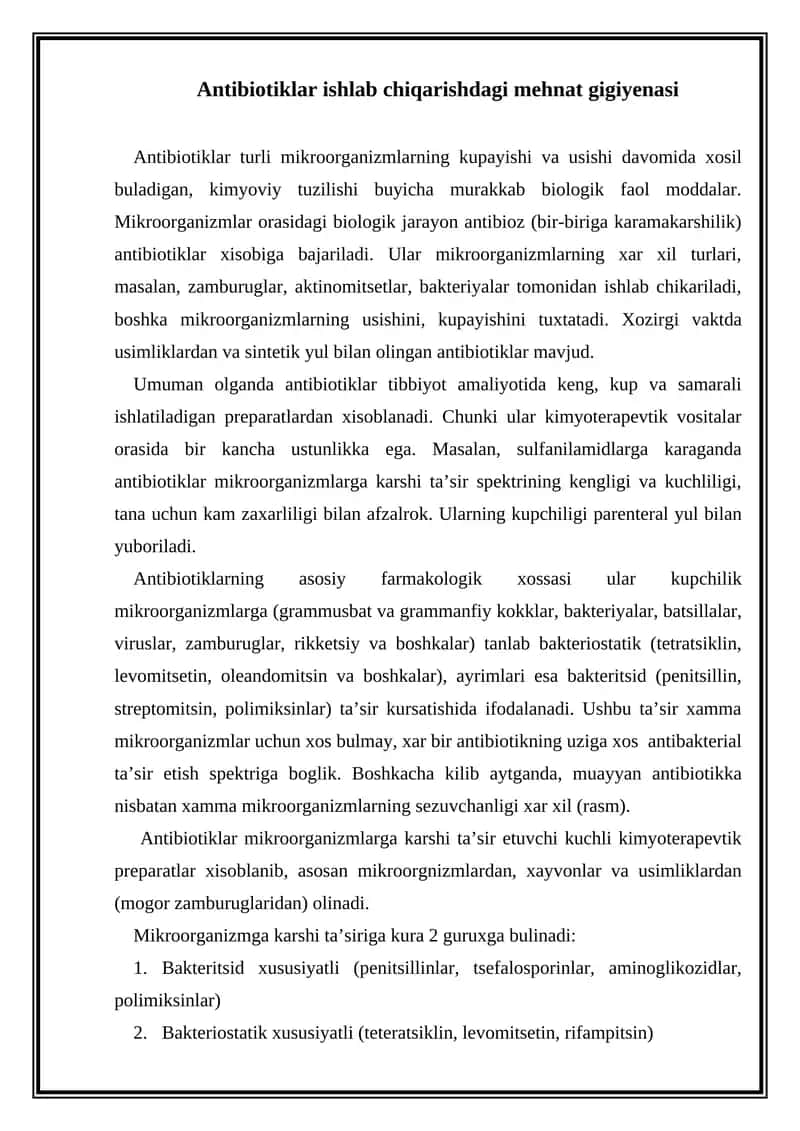 Antibiotiklar ishlab chiqarishdagi mehnat gigiyenasi