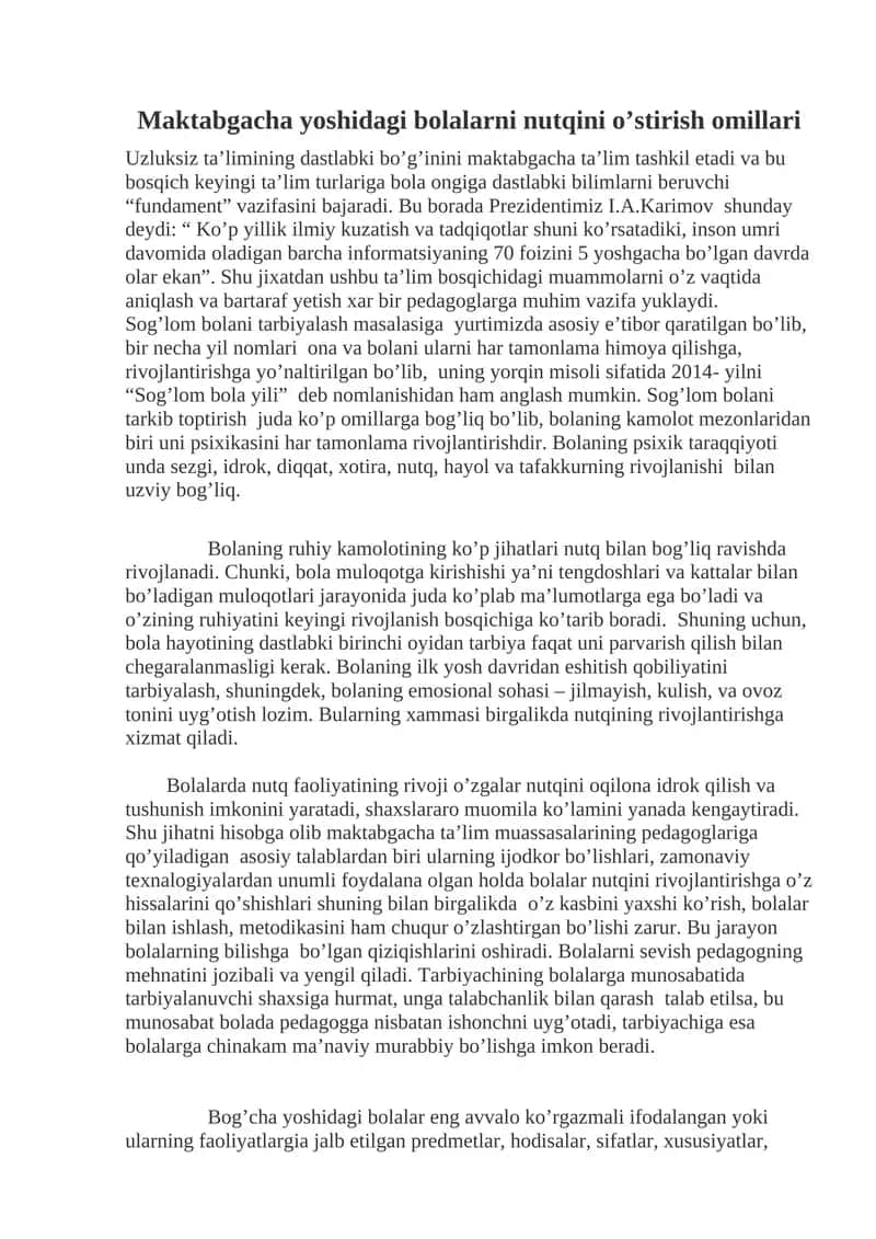 Maktabgacha yoshidagi bolalarni nutqini o’stirish omillari